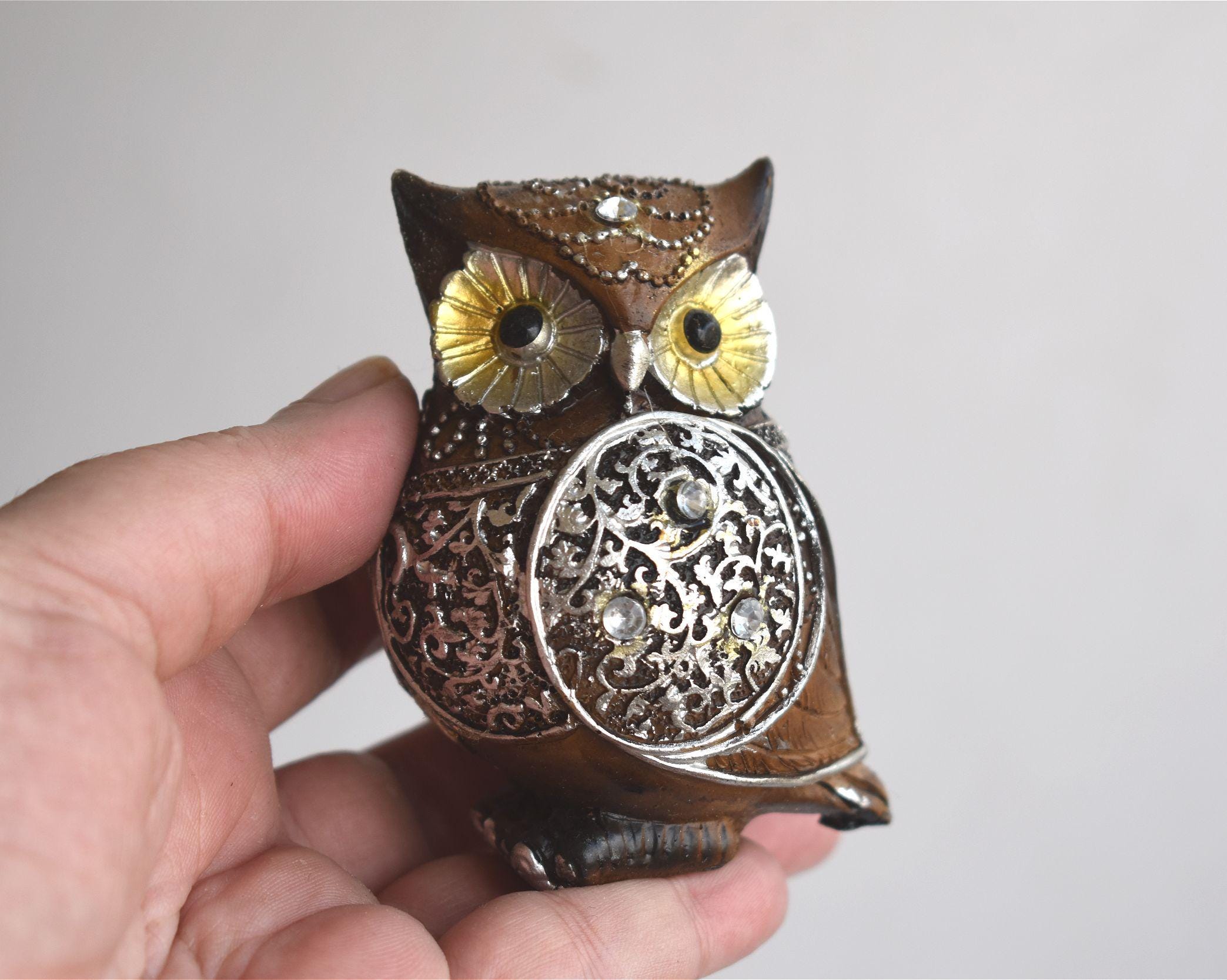 ヴィンテージ 3インチ フクロウの置物 樹脂像 小像 石製 デスク装飾