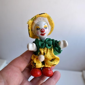 Vintage 4.3&quot; Clown Doll Collectible Porcelain Ceramic Face Yellow Costume Hand Painted Harlequin Kids Toy Figurine Gift MCM Mid Century