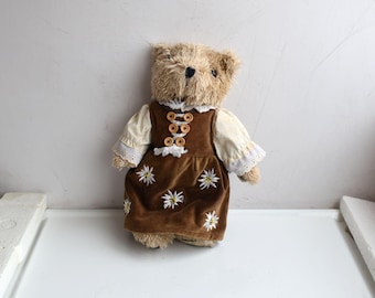 Vintage 30 cm teddybeer meisje in authentieke Duitse jurk, pluche knuffel, zacht speelgoed, Europees kinderkamer MCM dierenfiguurtje