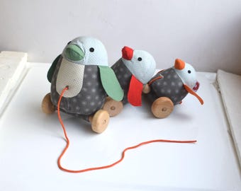 Vintage Franck Fischer Höna Kyckling Wiggle Larv Dragleksak Trädjur på Hjul Småbarn Pojkar Flickor Barn Babyshower Present