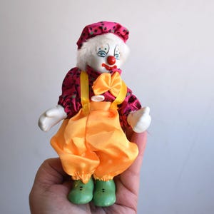 Vintage 6&quot; Clown Doll Collectible Porcelain Ceramic Face Orange Pink Costume Hand Painted Harlequin Kids Toy Figurine Gift MCM Mid Century