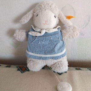Vintage 8&quot; Steiff 237324 Sweet Dreams Lamb Music Box Blue Plush Stuffed Soft Toy Kids Nursery Room Decor Animal Figurine