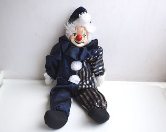 Vintage 15" Clown Doll Collectible Porcelain Ceramic Face Blue Gold Costume Hand Painted Harlequin Kids Toy Figurine Gift MCM Mid Century