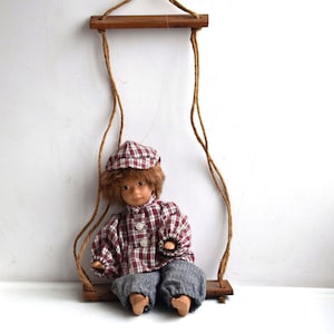 Vintage Swing Wall Hanging Porcelain Doll Boy Bisquit Bisque Porcelain Ceramic Hand Painted Face Cloth Kids Toy Figurine MCM Nursery Gift
