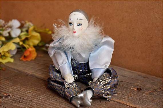 Vintage Pierrot Clown Porcelain Bisquit Bisque Doll Figurine Mask