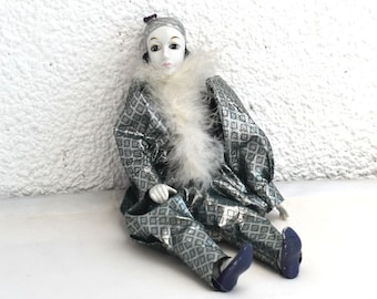 Vintage 12" Pierrot Clown Doll Harlequin Venetian Mask Painted Bisque Porcelain Face Masquerade Italian Arlequin Jester Collectible Art