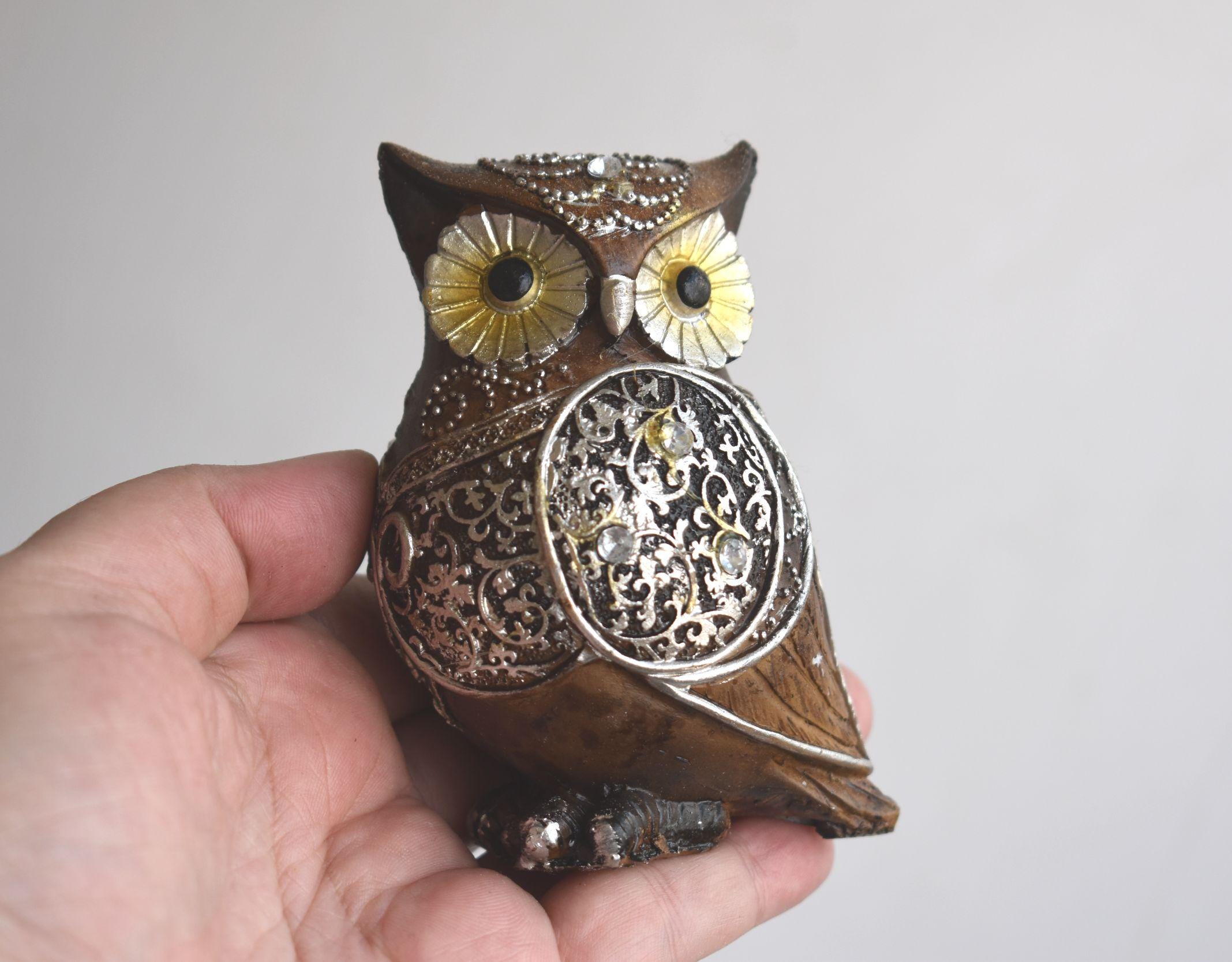 ヴィンテージ 3.7インチ フクロウの置物 樹脂像 小像 石製 デスク装飾