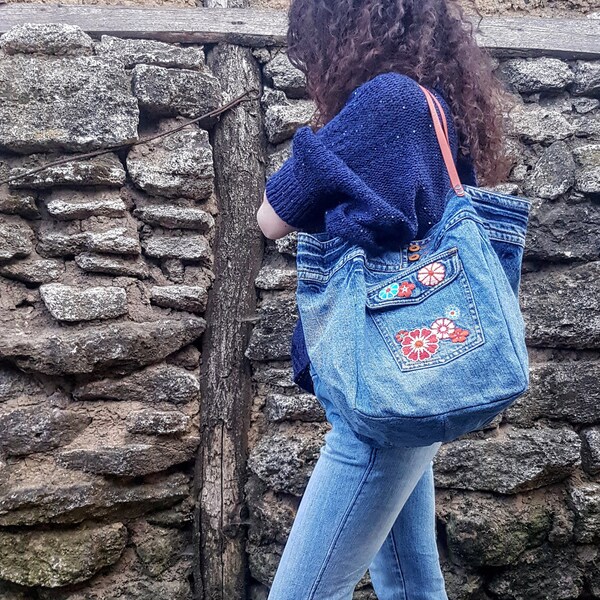 Vegan Jeans Bag - Summer Tote Bag - Jeans Beach Bag - Denim Shoulder Bag -  Duffel bag - Duffel Satchel Handbag - Gift for Her Birthday Gift