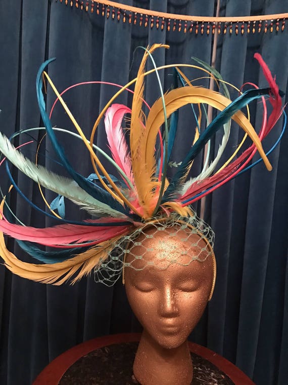 Fascinator Derby Hat Pink, Yellow, and Turqouise F