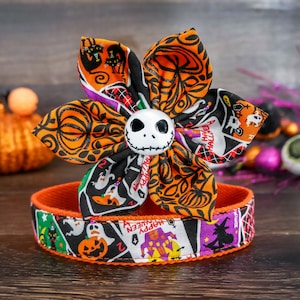 Halloween dog collar flower/ girl dog collar/ small large dog collar/ holiday ghost dog collar/ puppy fall collar/ black orange dog collar