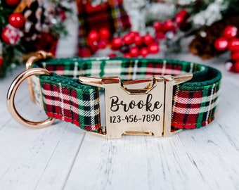 Christmas plaid dog collar/ Personalized Engraved Dog Collar/ girl boy dog collar/ custom large collar/ small puppy collar/ tartan collar