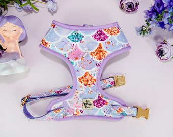 Mermaid Scales Hundegeschirr Weste / Lila Hündin Geschirr / Mädchen Hundegeschirr / Kleines Welpengeschirr / mittelgroßes Glitzer-Hundegeschirr