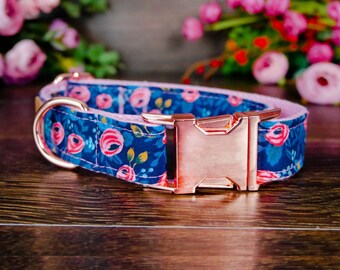 Floral Girl dog collar/ Rifle paper co/ Large small dog collar/ boho puppy collar/ designer fabric collar/ pink navy rose flower collar