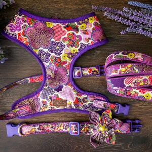 May include: Purple and white floral dog harness and lead set with a matching flower charm. The harness has adjustable straps and a buckle closure. The lead is made of durable webbing and has a metal clip.