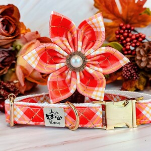 Collar de perro con estampado de flores a cuadros otoñales/collar de perro con estampado de tartán otoñal/collar de perro para niña en Acción de Gracias/collar de perro pequeño y grande/collar de perro con estampado de tela de cosecha