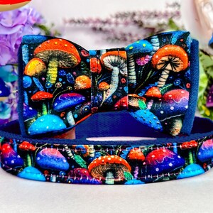 Rainbow mushroom dog collar bow tie/ fall winter dog collar/ summer spring dog collar/ boy forest dog collar/ large small medium dog collar