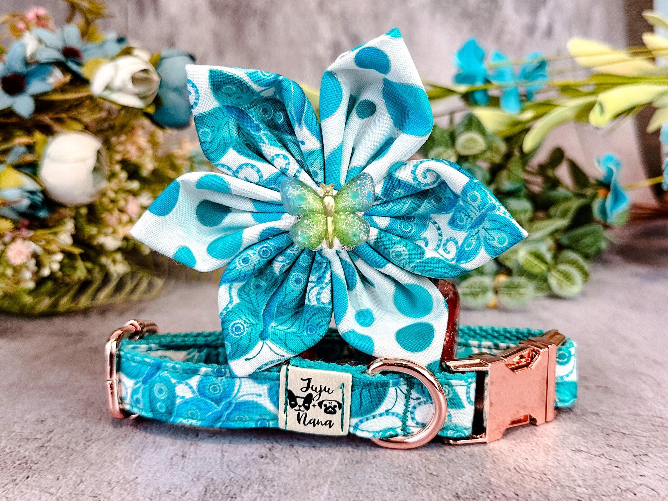 夏のキラキラ蝶の犬用首輪 花/ターコイズフローラルガール犬用首輪