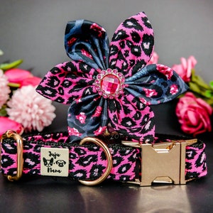 leopard girl dog collar flower/ pink cheetah dog collar/ Large medium dog collar/ small Puppy collar/ female black collar/ designer collar