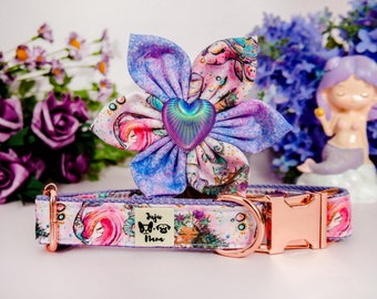 Hondenhalsband met zeemeerminschubben en bloemen / schattige hondenhalsband voor meisjes / paarsroze halsband / grote en kleine hondenhalsband / designer hondenhalsband met bloemenprint voor puppy's