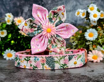 Daisy Girl dog collar with flower/ Rifle paper co vintage floral dog collar/ botanical cottagecore dog collar/ pastel pink boho dog collar