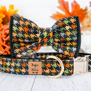 Autumn plaid dog collar bow tie/ houndstooth check dog collar/ fall Boy dog collar/ small large puppy dog collar/ black thanksgiving collar