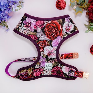 Female floral dog harness vest/ girl rose flower dog harness/ orchid butterfly harness/ small medium dog harness/ purple puppy boho harness