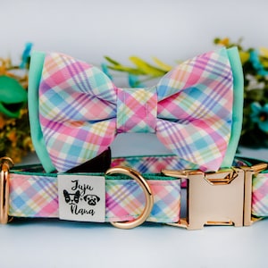 rainbow plaid dog collar bow tie/ boy tartan dog collar/ small large dog collar/ designer spring collar/ soft  easter fabric puppy collar