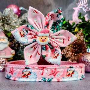 Pink Christmas retro Santa dog collar flower/ girl cute dog collar/ adjustable designer collar/ winter holiday dog collar/ gift for dog