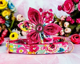 Collar de perro con flores rosas/collar de perro rosa de verano y primavera/collar de perro grande y mediano para niña/collar de cachorro pequeño/collar de perro de tela de diseñador