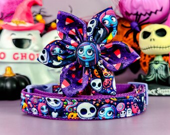 Purple Halloween nightmare dog collar flower/ ghost Skull dog collar/ spooky skeleton collar