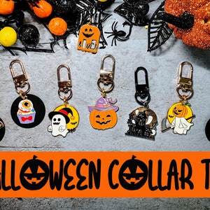 Halloween dog collar tag/ Halloween dog collar charm/ spooky pumpkin tag/ dog collar accessory/ pet tag/ Engraved ID tag/ Personalized Tag