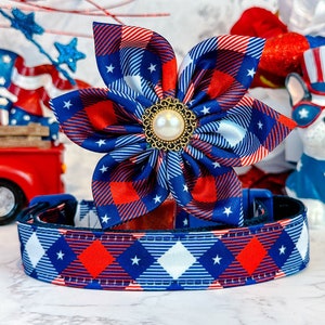 4th of July plaid dog collar flower/ patriotic star dog collar/ red white blue dog collar/ large small dog collar/ American usa dog collar