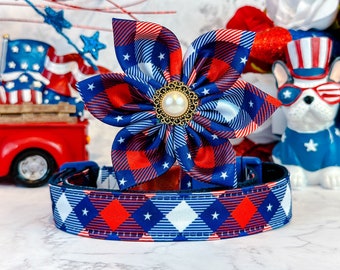 4th of July plaid dog collar flower/ patriotic star dog collar/ red white blue dog collar/ large small dog collar/ American usa dog collar