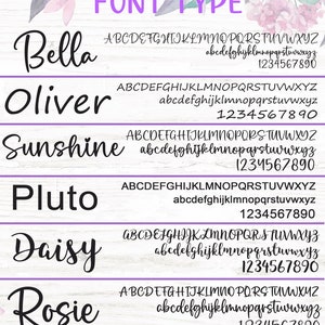 Puede incluir: Gr&aacute;fico que muestra varios estilos de fuente, incluyendo "Bella", "Oliver", "Sunshine", "Pluto", "Daisy" y "Rosie". Cada fuente se muestra con el alfabeto en may&uacute;sculas y min&uacute;sculas, junto con los n&uacute;meros 1-9, para referencia visual.