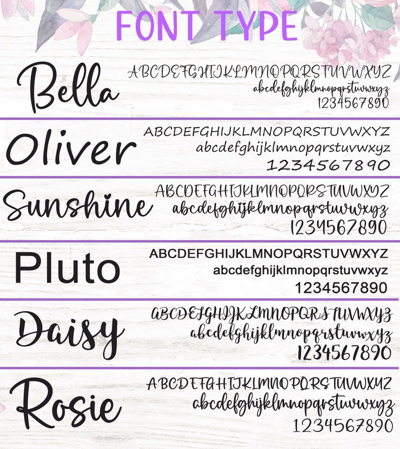 Puede incluir: Gr&aacute;fico que muestra varios estilos de fuente, incluyendo "Bella", "Oliver", "Sunshine", "Pluto", "Daisy" y "Rosie". Cada fuente se muestra con el alfabeto en may&uacute;sculas y min&uacute;sculas, junto con los n&uacute;meros 1-9, para referencia visual.