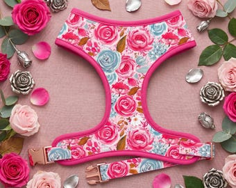 Arnés para perro con estampado floral de rosas rosas – Arnés personalizado para cachorrita de niña para boda
