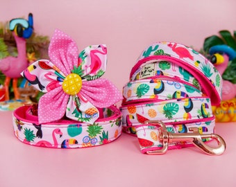 Flamingo dog collar leash set/ girl dog Flower collar and lead/ pink cute pineapple collar/ Small large dog collar/ medium puppy collar