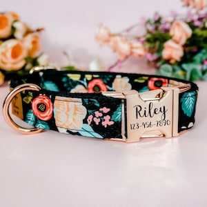 girl floral dog collar/ Personalized Engraved Dog Collar/ rifle paper co flower collar/ Autumn fall collar/ black fabric female dog collar