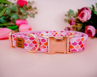 Hondenhalsband met zeemeerminschubben, roze stoffen halsband, handgemaakt in de VS