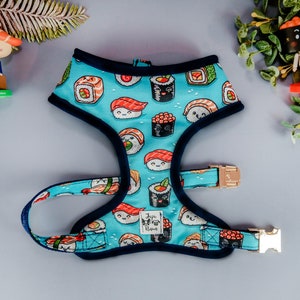 Sushi food dog harness vest/ cute boy dog harness/ Small puppy medium dog harness/ designer turquoise blue harness/ soft fabric harness