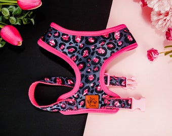 Pink Leopard dog harness/ Girl cheetah dog harness Vest/ female puppy harness/ Small medium dog harness/ black pink fabric dog harness