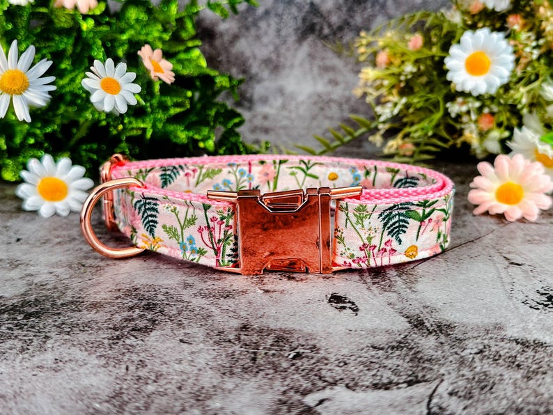 Puede incluir: Un collar floral para perros con fondo rosa y hebilla de oro rosa. El collar presenta un estampado de flores silvestres y vegetaci&oacute;n. La ferreter&iacute;a incluye una anilla en D y un cierre met&aacute;lico.