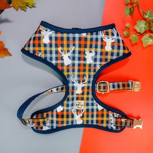 Gingham Plaid antler dog harness/ boho deer dog harness vest/ boy autumn dog harness/ soft fall fabric harness/ small puppy medium dog