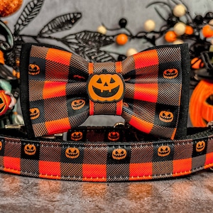 Collar de perro a cuadros con pajarita para Halloween/collar de perro de otoño/collar de calabaza Jack-O-Lantern/collar de perro grande de tartán/collar de perro pequeño para niño
