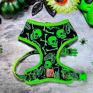 Halloween skulls dog harness/ glowing in the dark day of the dead dog harness vest/ spooky skeleton dog harness/ boy girl cute dog harness