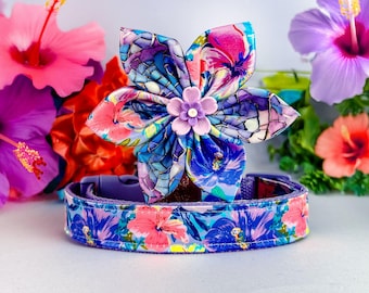 purple Preppy hibiscus floral dog collar with flower/ summer tropical flower dog collar/ Hawaii girl beach dog collar/ pet accessory gift
