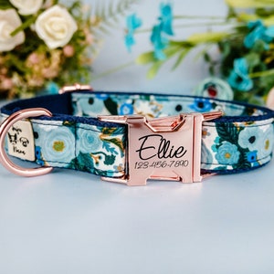 Floral rifle paper co dog collar/ Personalized Laser Engraved Buckle Dog Collar/ girl flower dog collar/ boho blue female fabric collar