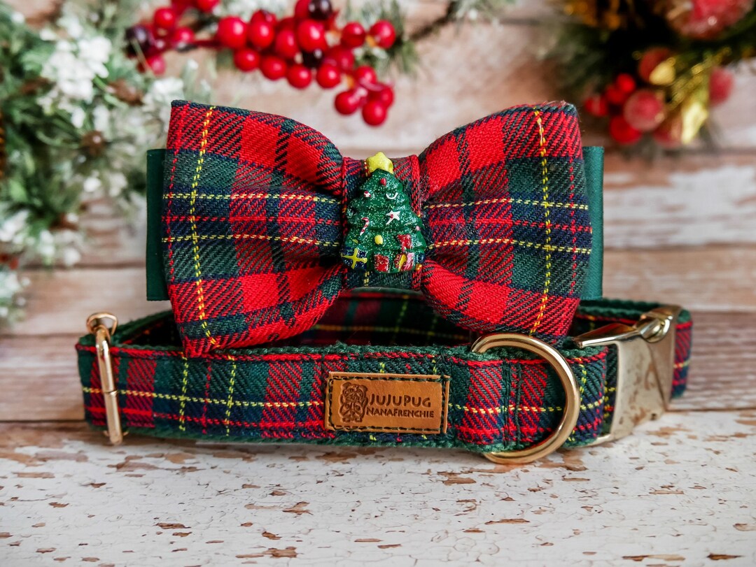 Christmas Plaid Dog Collar Bow Tie/ Boy Winter Dog Collar/ Red Green