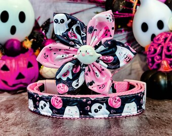 Pink Halloween ghost dog collar flower/ spooky pumpkin dog collar/ girl cute dog collar/ large medium small dog collar/ black holiday collar