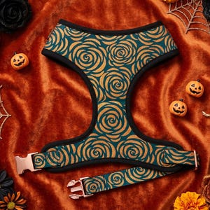 Halloween glitter rozen bloemen hondentuigje / meisjes hondentuigje met bloemenprint / oranje herfst hondentuigje / zwart zacht stoffen design tuigje